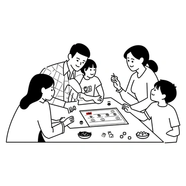 A family of four is gathered around a rectangular table, engaged in a board game. The father, wearing a plaid shirt, is leaning forward with a focused expression while holding a die in one hand. The mother, dressed in a casual top, is smiling as she moves her game piece along the board. Their teenage daughter has long hair tied back and is looking intently at the game's budget tracker sheet, calculating their finances. The young son, wearing a graphic t-shirt, is eagerly pointing at the game board, excited about his next move. Various game pieces and cards are spread across the table, along with snacks in bowls. A light source casts defined shadows, emphasizing their expressions and the details of the game elements.