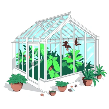 A white Victorian glass conservatory stands tall, showcasing intricate metalwork and large arched windows. Inside, vibrant green plants of various sizes and shapes fill the space, creating a lush environment. Among the foliage, small brown bats are hanging upside down, resting on branches and leaves. Sunlight filters through the glass, casting delicate shadows on the floor, where small terracotta pots and decorative stones are arranged. The entire scene captures a blend of nature and architecture within the conservatory.