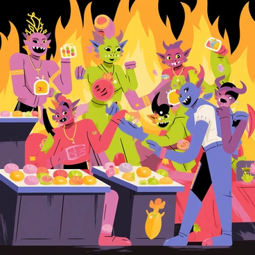 A bustling market scene filled with various types of demons engaged in lively trade. The demons have distinct features, such as horns and colorful skin tones, each showcasing their unique characteristics. They are exchanging exotic goods, which include rare fruits, shimmering gemstones, and peculiar artifacts. The surroundings are illuminated by a backdrop of bright flames, casting a warm glow over the entire market, highlighting the vibrant colors of the goods being exchanged. Stalls made of dark, weathered wood are filled with items, and some demons are animatedly negotiating with one another.