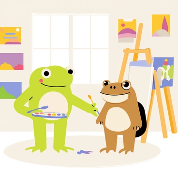 A green frog with a small paintbrush is standing beside a brown toad, who is holding a canvas. The frog is showing the toad how to mix colors on a palette. The art studio is filled with colorful paintings hanging on the walls, showcasing various landscapes and abstract designs. There is a wooden easel with a half-finished painting in the background, and splatters of paint are visible on the floor. A window lets in bright light, illuminating the scene with a warm glow.