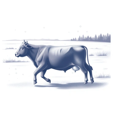 A cow moving steadily through a snowy field. The cow's thick coat is slightly obscured by a light dusting of snow, and its breath is visible in the cold air. Snowflakes are gently falling around the cow, creating a serene atmosphere. The landscape is blanketed in snow, with patches of grass peeking through in some areas. In the background, distant trees are covered in snow, adding to the tranquil scene.