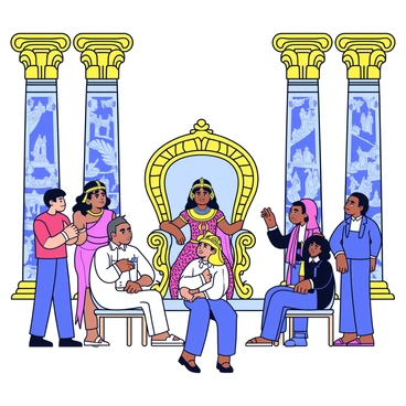 Cleopatra sitting on an elaborate throne adorned with golden accents. She is dressed in a luxurious gown with intricate patterns and rich colors. Around her, several advisors are standing and seated, engaged in discussion. The palace room features tall columns with decorative carvings. The walls are adorned with tapestries that depict ancient Egyptian scenes. Soft light filters through large windows, illuminating the space and highlighting the opulence of the setting.