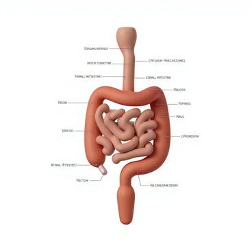 A detailed illustration showing the human gastrointestinal tract. Starting at the "mouth," depicted with teeth and a tongue, followed by the "esophagus," a muscular tube leading to the "stomach," which is shown as a pouch-like organ. Next, the "small intestine" appears as a long, coiled structure, with visible villi along its inner walls. The "large intestine" is wider and shorter, leading to the "rectum" and the "anus," both clearly identified at the end of the tract. Each segment is labeled with clear text, and anatomical features are highlighted for educational purposes.