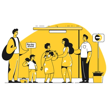 A family of four stands nervously at a border checkpoint. The father is a tall man wearing a yellow shirt and dark pants, holding a backpack in one hand. The mother, wearing a yellow dress, clutches a small child in her arms while another child stands beside her, holding her hand. A border officer in a uniform stands nearby, observing the family. The checkpoint features a barrier and a sign indicating the border crossing ahead. A tense atmosphere surrounds the scene, with the family looking apprehensive as they prepare to cross.