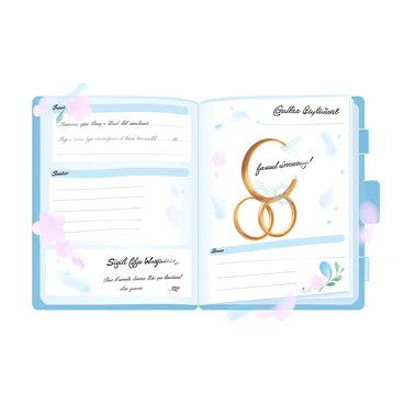 A planner page is filled with wedding planning notes in various handwriting styles. Decorative elements are scattered across the page, including intricate illustrations of two gold wedding rings entwined and delicate flowers in soft pastel colors. There are also outlined sections with bullet points for organizing tasks, alongside small heart shapes and swirls to enhance the decorative feel of the page. The overall layout is visually appealing and organized, conveying a sense of preparation for a wedding.