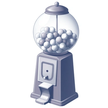 A vintage gumball machine with a classic design featuring a rounded glass globe on top and a metallic base. The machine has a coin slot and a lever on the front. Inside the globe, there are numerous round candies of various sizes and shapes, each one distinct and resembling classic gumballs. The machine is placed on a wooden surface, and the overall scene captures the nostalgic essence of a bygone era.