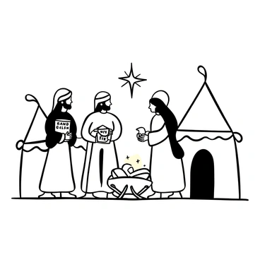 Three wise men dressed in long flowing robes, each holding a gift. One wise man presents a box with "gold" inscribed on it, another offers a small container labeled "frankincense", and the third holds a vial marked "myrrh". In the center, there is a small cradle with baby Jesus wrapped in cloth, surrounded by a soft glow. The background features simple tents and a star above, radiating light.