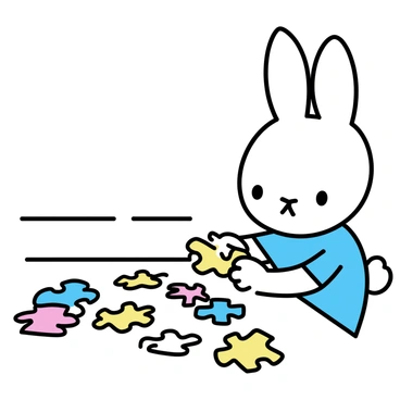 A white rabbit named "Miffy" with large round ears is sitting at a simple wooden table. She is focused on arranging pieces of a colorful jigsaw puzzle scattered in front of her. The puzzle pieces display various bright colors and playful designs. Miffy is wearing a blue dress and has a determined expression on her face as she picks up a piece with her small paws. The background is minimal, highlighting Miffy's concentration and the vibrant puzzle pieces.