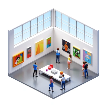 A museum annex showcasing a new exhibition space filled with contemporary artwork. The room has high ceilings and large windows that allow natural light to illuminate the space. Various pieces of contemporary art are displayed on the walls, including abstract paintings, sculptural installations, and mixed-media works. The floor is polished concrete, providing a sleek backdrop for the vibrant colors of the artwork. Visitors are seen engaging with the art, examining the details, and discussing the pieces with one another.