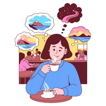 A person with short brown hair is sitting at a small round table in a bustling cafe. They are holding a white ceramic cup of coffee with steam rising from it. The person is wearing a blue sweater and has a content expression as they sip their drink. Above their head, multiple thought bubbles are illustrated, each filled with vibrant imagery of dreams. One thought bubble shows a colorful sunset over the ocean, another depicts a mountain landscape with a winding trail, and a third features a starry night sky with shooting stars. The background includes blurred figures of other patrons and the warm ambiance of cafe lighting.