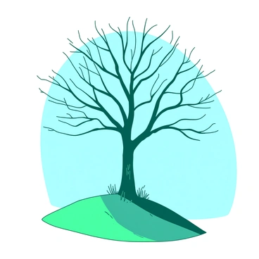 A teal lone tree stands atop a gentle green hill, its wide branches sprawling outwards against a bright blue sky. The tree is leafless, highlighting the intricate patterns of its branches that reach high into the air. The hill slopes gently downwards, providing a clear view of the tree, which is the focal point of the scene. The sunlight casts shadows on the ground, enhancing the depth of the hill and the texture of the tree's bark.