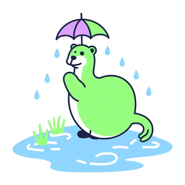 A loutre is standing in a puddle, holding a small umbrella above its head. The loutre has a playful expression and its fur is slightly wet from the rain. In the background, raindrops are falling, creating ripples in the puddles. The surface of the water reflects the loutre and the colorful umbrella. The surroundings include a few grass blades and small plants peeking through the water, enhancing the lively scene.