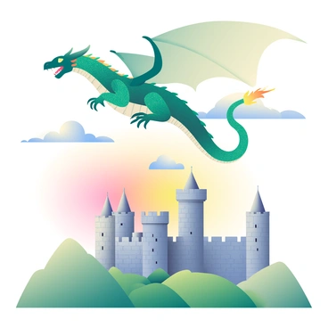 A majestic dragon with shimmering emerald scales and large, outstretched wings is soaring high in the sky. Below, a medieval castle with tall stone towers and battlements is nestled among rolling green hills. The castle is illuminated by the warm hues of a sunset, casting a golden glow on its weathered walls. Puffs of white clouds are scattered in the sky, reflecting shades of pink and orange from the setting sun. The dragon's eyes gleam as it glides gracefully above the castle, creating a scene of wonder and fantasy.