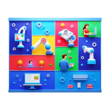 A wall mural in a tech hub featuring vibrant sections that animate with bright colors. Each section depicts different scenes of innovation, including a robotic arm assembling devices and a person coding on a computer. Visual elements like gears and circuit patterns intertwine between the scenes. Dynamic animations give life to the inventions, showing sparks of creativity and progress. The overall composition flows smoothly, guiding the viewer's eye through the narrative of technological advancement.