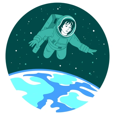 A teal female astronaut is floating in the vastness of space, her helmet reflecting distant stars. She is gazing down at the blue and white Earth below, her face illuminated by the sunlight. The astronaut's suit is sleek and modern, with various equipment attached to it. In the background, countless stars twinkle against the dark void of space, creating a serene contrast to the vibrant planet beneath her. Her arms are slightly outstretched, and her body is oriented toward the Earth, capturing a moment of awe in her expression.