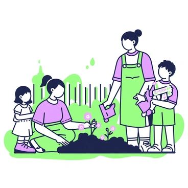 A family is working together in their backyard to plant flowers. The scene shows four family members: a mother and father, a young girl, and a teenage boy. The mother is kneeling down, gently placing vibrant flowers into the freshly dug soil. The father stands beside her, holding a watering can and preparing to water the newly planted flowers. The girl is happily holding a small trowel, ready to help by digging a small hole for another flower, while the teenage boy is looking at a seed packet, considering the next type of flower to plant. In the background, there are patches of green grass and a wooden fence, creating a cozy atmosphere.