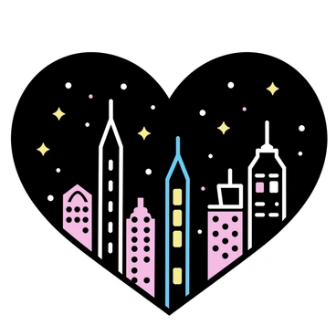 A city skyline, shaped like a human heart, features tall skyscrapers rising from the base. The buildings are outlined against the night sky, illuminated by colorful lights that create a vibrant atmosphere. Each skyscraper has a unique design, showcasing an array of modern architectural styles. The heart shape is defined by curves and points, emphasizing the structure's resemblance to an anatomical heart. The scene is further enhanced by the small lights that twinkle like stars against the dark background, adding depth to the cityscape.