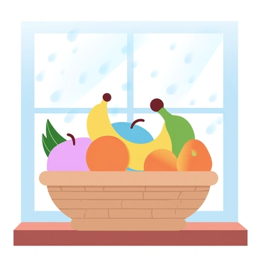 A cozy indoor scene of a fruit basket on a windowsill with raindrops on the glass