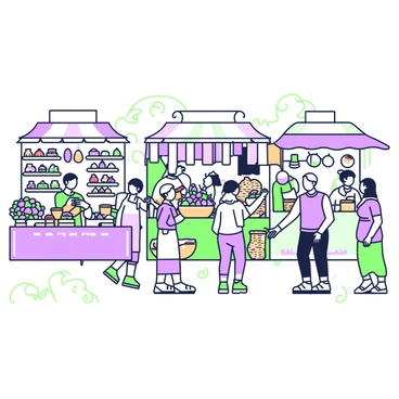 A bustling market scene filled with vibrant stalls. Each stall features a variety of exotic goods displayed prominently. On the left, a vendor showcases colorful spices in small glass jars, while next to it, a stall offers intricate textiles hanging from wooden racks. In the center, a vendor stands behind a basket overflowing with unusual fruits, calling out to passersby. To the right, a stall displays handcrafted pottery, with shining glazes reflecting light. People are mingling throughout the market, some examining wares, others engaged in conversation. The atmosphere is lively with movement and interaction among the vendors and customers.