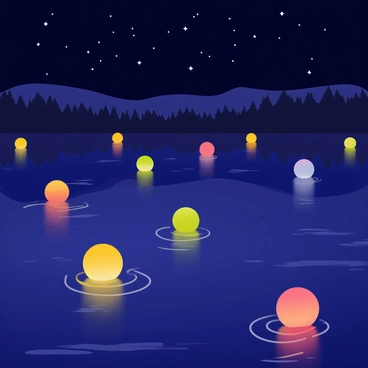 A night scene featuring a tranquil lake reflecting the soft glow of multiple floating lanterns. The lanterns are round and colorful, each casting a warm light on the water's surface. The background shows silhouettes of distant trees against a starry sky. Gentle ripples disturb the lake's surface, creating shimmering patterns of light. A few lanterns are close to the foreground, while others drift further away, enhancing the sense of depth in the image.
