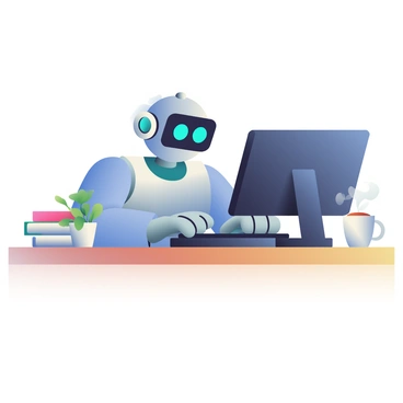 A friendly robot sitting at a desk, writing code on a computer with a coffee cup nearby