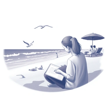 A woman named Becca Hall is sitting on the sand, sketching in a notebook. She has her hair pulled back, and she wears a light, casual outfit. In front of her, the beach stretches out, featuring gentle waves rolling onto the shore. There are several seagulls gliding above the water, some perched on the sand. Nearby, a group of sunbathers is lounging under umbrellas, with beach towels spread out around them. The scene captures a lively yet relaxed atmosphere, reflecting the activities of a day at the beach.