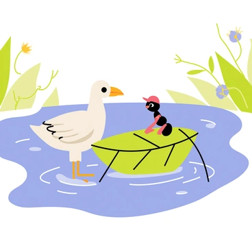 A white colombe with detailed feathers is gently steering a small leaf boat across a shimmering blue pond. The boat, crafted from a vibrant green leaf, floats gracefully on the water's surface. Inside the boat, a tiny ant is sitting comfortably, wearing a tiny red cap, looking up at the colombe with curiosity. Soft ripples spread across the pond, reflecting the sunlight and creating a serene scene. In the background, delicate flowers and lush greenery frame the tranquil setting, enhancing the whimsical atmosphere of the moment.