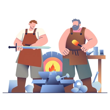 An apprentice with short brown hair is standing at a forge, focused on shaping a glowing piece of metal into a sword. The apprentice is wearing a leather apron over a simple shirt and sturdy trousers. Beside them, a seasoned blacksmith with a robust build and a grizzled beard is observing closely. The blacksmith is wearing a heavy leather apron and has a hammer in hand, ready to provide guidance. The forge is surrounded by various tools, including tongs and anvils, and the warm glow of the fire illuminates the scene, casting soft shadows around the workshop. A wooden workbench in the background holds additional sword-making materials.