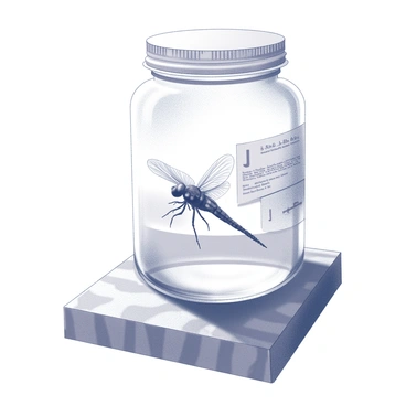 A glass specimen jar filled with a clear liquid, containing a preserved firefly in the center. The firefly is positioned delicately, showing its distinct elongated body and intricate wing structure. On the side of the jar, there is a label with scientific details including the scientific name, collection date, and geographical location. The jar sits on a wooden surface, featuring subtle grain patterns, adding texture to the scene. Natural light casts soft shadows, enhancing the details of the firefly and the jar.