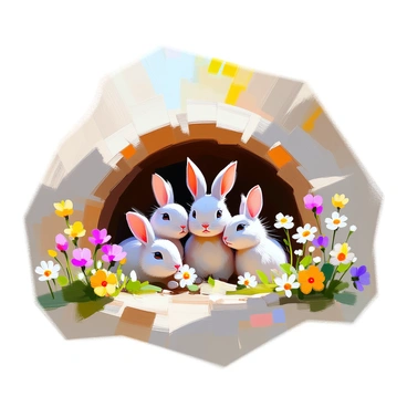 A family of rabbits, featuring one large rabbit with soft gray fur and three smaller rabbits with white fur, are nestled closely together in a cozy burrow. The burrow is made of soft earth and lined with leaves and grass. Surrounding the entrance of the burrow, a variety of colorful wildflowers bloom, including daisies, violets, and buttercups, adding vibrant pops of color to the scene. Sunlight filters softly through the leaves above, casting gentle shadows around the rabbits and flowers. The scene conveys a sense of warmth and safety within the rabbits' home.