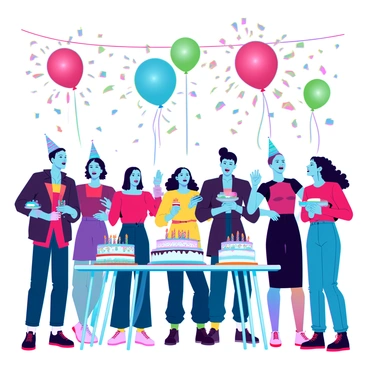A vibrant birthday scene with colorful balloons in various shades of red, blue, yellow, and green. Several balloons are visibly popping, with fragments flying through the air, showcasing bursts of color. The guests, a diverse group of people with different skin tones and styles, are gathered together, expressing surprise and laughter as they watch the popping balloons. Each guest is dressed in festive clothing, adding to the celebratory atmosphere, while some hold party hats and others have plates of cake. The background features a decorated table with a large birthday cake adorned with candles, and streamers hanging from the ceiling.