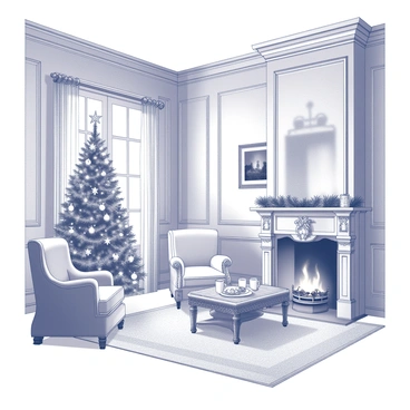 A cozy French parlor with elegant furnishings and intricate moldings. The room features a beautifully decorated Christmas tree, adorned with twinkling lights and delicate ornaments. In one corner, a crackling fireplace emits warmth, surrounded by an intricately designed mantelpiece. The floor is covered with a plush rug, and the walls are lined with tasteful artwork. A small table holds festive treats and a couple of mugs. Soft, ambient light fills the room, enhancing the inviting atmosphere.