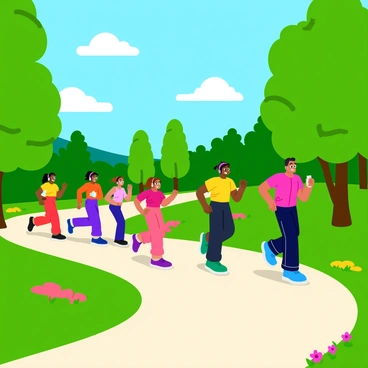 A group of friends jogging on a path in a lush green park under a clear sky