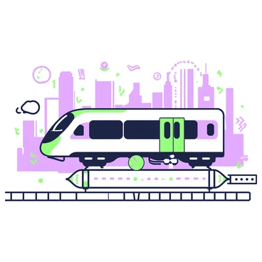 A futuristic train is hovering above a set of sleek, metallic tracks. The train has a streamlined design, featuring smooth contours and reflective surfaces. Underneath the train, there is a visible magnetic levitation mechanism with glowing components indicating the levitation technology at work. Surrounding the train, there are dynamic elements such as small sparks or energy waves that highlight the power of the magnetic levitation. The background includes a modern city skyline, with tall buildings and advanced transportation systems, creating a sense of innovation and progress.