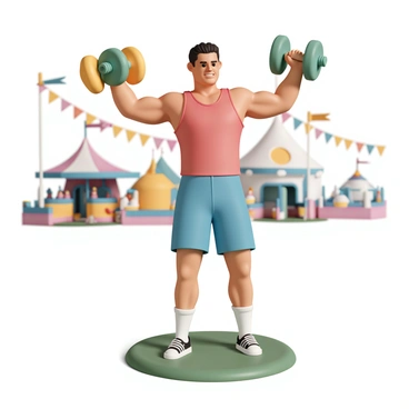 A strongman, wearing a red tank top and blue shorts, is performing lateral raises at a carnival. His muscular arms are extended out to the sides, showcasing his strength as he lifts oversized, colorful weights that are bright green and yellow. The strongman's focused expression reveals determination as he stands on a grassy area surrounded by various carnival attractions. Colorful banners and tents are visible in the background, adding to the festive atmosphere of the scene.