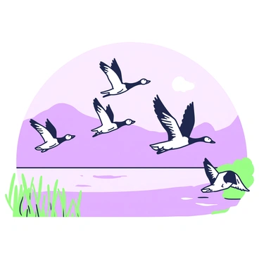 A flock of Canada geese is taking off from a calm body of water at dawn. The geese are flying in a V formation, with their wings spread wide and necks extended. The background features a soft gradient of light colors in the sky, transitioning from a deep purple at the top to lighter shades closer to the horizon. The water below reflects the silhouettes of the geese and the subtle colors of the sky. In the foreground, there are reeds gently swaying at the water's edge.