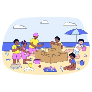 A beach scene with families actively building mud castles during low tide. There are children with colorful buckets and shovels shaping the castles with precision. Nearby, an adult is adding details to a larger castle with shells and seaweed as decorations. The shoreline is visible in the background, with gentle waves lapping at the sand. The sky is clear with a few fluffy clouds sprinkled throughout. Various beach items, such as towels and beach umbrellas, are scattered around the area.
