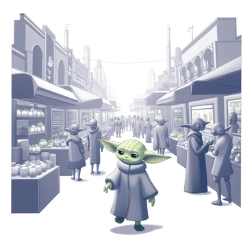 A small green alien with large ears and expressive eyes is walking through a busy marketplace filled with various stalls. The market is teeming with diverse extraterrestrial vendors, each showcasing a range of unusual items. Stalls are adorned with intricate designs and display peculiar fruits and gadgets. Yoda is observing the surrounding activity, with a slight tilt of his head, as other alien beings barter and converse. The scene is lively, filled with movement and interaction among the various aliens in the market.