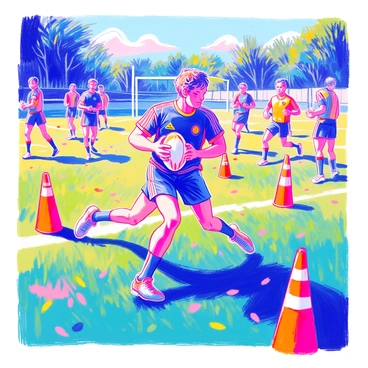 A rugby player wearing a dark jersey and shorts is focused intently on practicing drills on a training field. He has short hair and is in the process of sprinting while holding a rugby ball. Around him, brightly colored cones are strategically placed on the grass, marking the boundaries for the drills. In the background, teammates in matching jerseys are engaged in various exercises, providing support and encouragement. The sky is clear, and the sunlight casts defined shadows on the field.