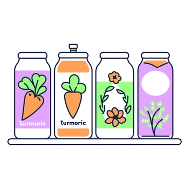 A set of turmeric spice bottles lined up on a white surface. Each bottle has a unique modern label design. The first bottle features a "turmeric root" illustration with green leaves surrounding it. The second bottle displays an "ornamental flower" design also accompanied by green foliage. The third bottle showcases a "geometric pattern" incorporating small turmeric roots, framed by delicate green vines. The fourth bottle includes a "hand-drawn style turmeric cluster" with intricate green plant elements intertwined. Each label emphasizes the bright color of turmeric against the green botanical illustrations.