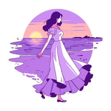 A person wearing a flowing flounce gown is walking along a beach during sunset. The gown billows gently in the breeze, with intricate details at the hem catching the fading light. The waves are gently lapping at their feet, creating small splashes of water. In the background, the sky is filled with hues of orange and purple as the sun descends toward the horizon. The sand is soft and damp beneath their feet, reflecting the warm tones of the sunset.