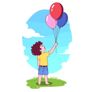 A child with curly brown hair is standing on a grassy field, looking up at the sky. The child is wearing a yellow t-shirt and denim shorts. The child is holding a bundle of balloons in various colors, including red, blue, and pink. The balloons are floating upwards, drifting higher into the blue sky. The sunlight is shining brightly, illuminating the balloons as they ascend, creating a sense of movement and joy. The child's expression is one of excitement and wonder as they watch the balloons rise.