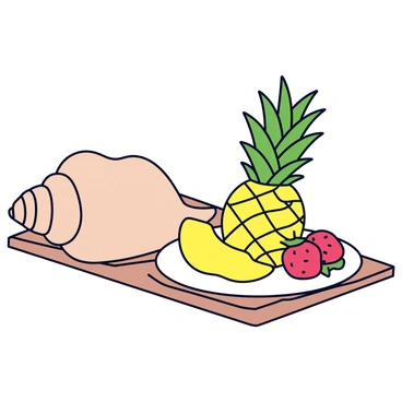 A conch shell with a smooth, spiraled shape sits beside a white plate filled with colorful tropical fruits. The plate features ripe, sliced mango, bright red strawberries, and a whole pineapple with its green leaves still intact. The beach table has a light brown wood texture, and the background shows soft sand and gentle ocean waves.