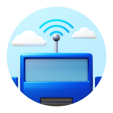 A truck's radio antenna mounted on the roof of the vehicle. The antenna is sleek and metallic, glinting under sunlight. Above the antenna, visible "waves" radiate outward in a semi-circular pattern to indicate reception. The truck's body is painted in a deep blue color, and the background features a clear sky with a few fluffy white clouds.