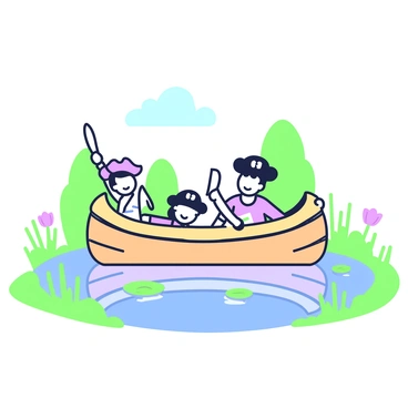 A group of children is playing pirates in a dugout canoe on a small pond. The canoe is carved from a single log, featuring intricate designs along the sides. Two children are wearing pirate hats and waving toy swords enthusiastically. One child is standing at the front of the canoe, pretending to be the captain, while another is sitting at the back, holding a small treasure map. The surface of the pond reflects the trees surrounding it, and lily pads float gently on the water. There are patches of tall grass along the pond's edge, and a few colorful flowers are blooming nearby. In the background, a soft blue sky is visible with a few fluffy clouds.