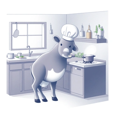A cow standing on two legs, wearing a large white chef's hat, is positioned in a rustic kitchen. The kitchen features wooden cabinets and a stone countertop. The cow is stirring a pot on a stove, with steam rising from it. Around the kitchen, there are various cooking utensils hanging on the walls, and a wooden table is set with ingredients like vegetables and spices. A window in the background allows soft light to filter in, illuminating the kitchen scene.