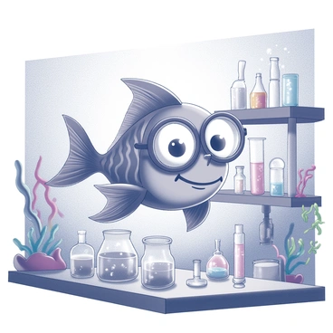 A cartoon fish wearing round glasses is actively involved in conducting experiments. The fish has bright, exaggerated features and a happy expression. It is surrounded by various scientific equipment, such as bubbling test tubes, beakers, and colorful seaweed. The underwater lab is filled with shelves lined with tools and strange oceanic specimens. Light filters through the water, casting interesting shapes and shadows around the lab environment.