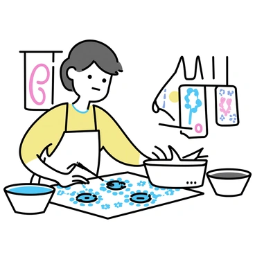 An artist, wearing a white apron, is focused on creating intricate patterns on a piece of "Malaysian batik fabric". The fabric is spread out in front of them, showcasing vibrant colors and detailed designs. The artist is using a canting tool, carefully applying hot wax to form delicate outlines. Surrounding the artist are containers filled with various natural dyes in bright shades of blue, red, and yellow. The workspace is adorned with finished batik pieces hanging on the walls, displaying the artistry of traditional Malaysian craftsmanship.