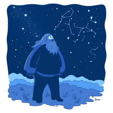 A large figure resembling Hagrid stands in a field, gazing up at a starry night sky. His hair and beard are thick and shaggy, blending with the shadows of the night. The sky is filled with countless stars, shining brightly against the deep backdrop. Various constellations are visible, their shapes outlined clearly in the shimmering light. Hagrid's expression is one of wonder, as he admires the beauty of the celestial scene above him.