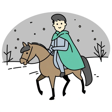 A knight named Sir Gawain, wearing a shining suit of armor, is riding a large brown horse. He is wrapped in a green cloak that billows behind him as he moves. The snowy landscape surrounding him is tranquil, with gently falling snowflakes and white drifts covering the ground. In the background, there are bare trees silhouetted against a gray sky. The knight's focused expression shows determination as he navigates through the winter scene.